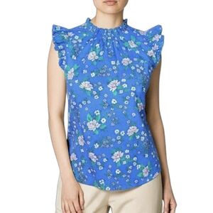 J. Crew Floral Blue Ruffle Trim Sleeveless Blouse Women's Size XXS